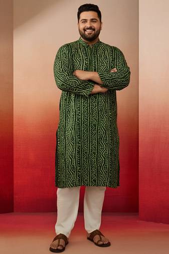 men's green bandhani kurta with cream pyjama - festive casual set