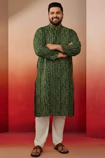 men's green bandhani kurta with cream pyjama - festive casual set