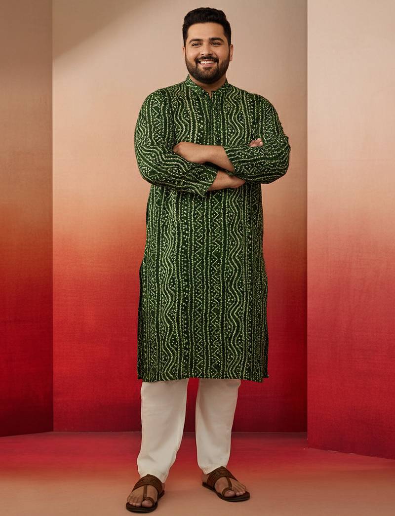 men's green bandhani kurta with cream pyjama - festive casual set