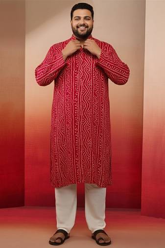 Vastramay men's pink bandhani print kurta with cream pyjama - festive ethnic set
