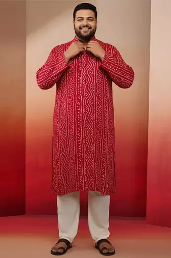men's pink bandhani print kurta with cream pyjama - festive ethnic set