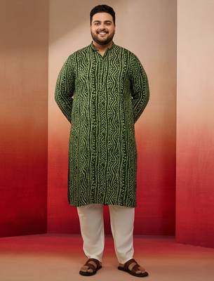 green bandhani kurta with cream pyjama - festive casual set 3