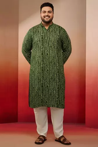 green bandhani kurta with cream pyjama - festive casual set