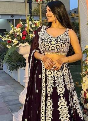 Dark Purple Color Thread & Sequins Work All Over Kasturi Silk Lehenga Blouse 1