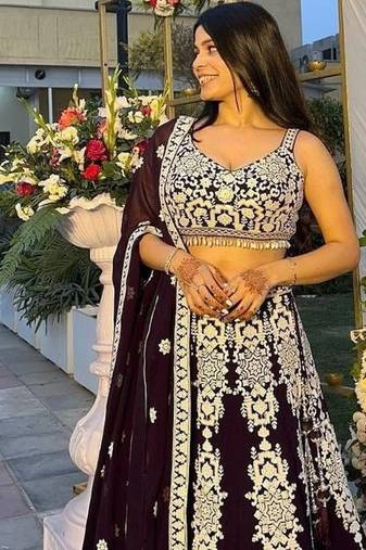 Dark Purple Color Thread & Sequins Work All Over Kasturi Silk Lehenga Blouse