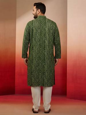 green bandhani kurta with cream pyjama - festive casual set 4