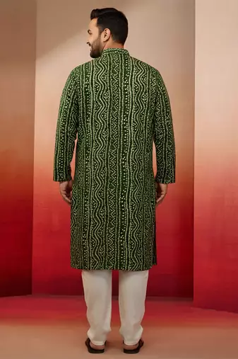 green bandhani kurta with cream pyjama - festive casual set