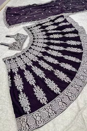 Dark Purple Color Thread & Sequins Work All Over Kasturi Silk Lehenga Blouse