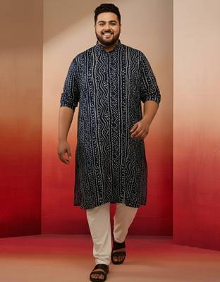 blue bandhani print kurta with cream pyjama - traditional ethnic set 1