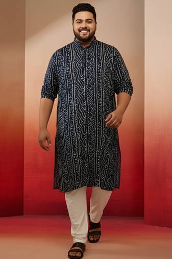 Vastramay men's blue bandhani print kurta with cream pyjama - traditional ethnic set