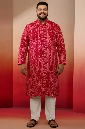 pink bandhani print kurta with cream pyjama - festive ethnic set