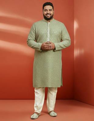 pista green sequin kurta with cream trousers - embroidered festive set 1