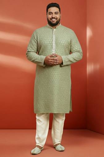 Vastramay men's pista green sequin kurta with cream trousers - embroidered festive set