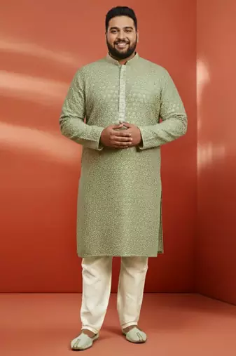 men's pista green sequin kurta with cream trousers - embroidered festive set