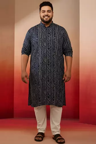 blue bandhani print kurta with cream pyjama - traditional ethnic set