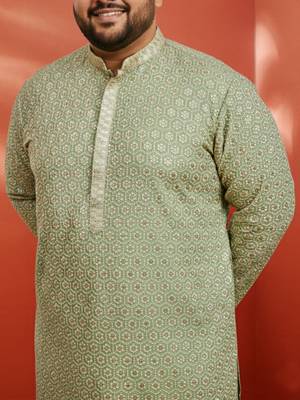 pista green sequin kurta with cream trousers - embroidered festive set 2