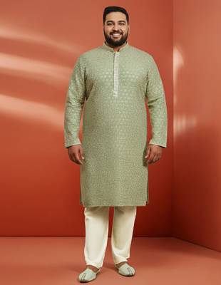 pista green sequin kurta with cream trousers - embroidered festive set 3