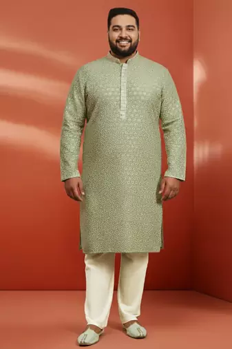 pista green sequin kurta with cream trousers - embroidered festive set
