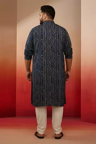 blue bandhani print kurta with cream pyjama - traditional ethnic set