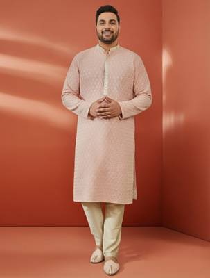 peach sequin embroidered kurta with cream pant - wedding set 1