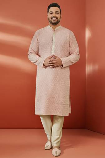 men's peach sequin embroidered kurta with cream pant - wedding set