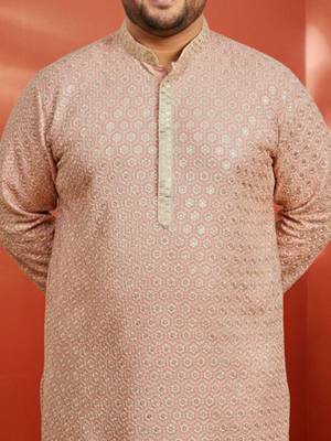 peach sequin embroidered kurta with cream pant - wedding set 2