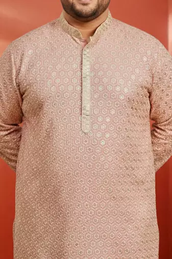 peach sequin embroidered kurta with cream pant - wedding set