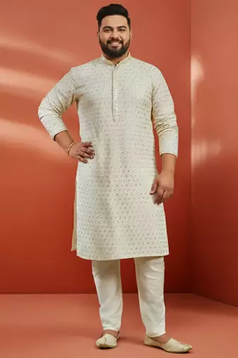 men's off white sequin embroidered kurta with cream pant - festive set