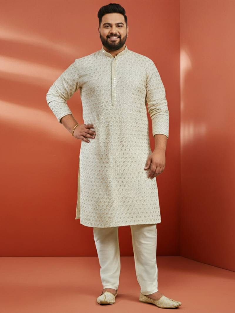 men's off white sequin embroidered kurta with cream pant - festive set