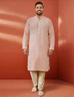 peach sequin embroidered kurta with cream pant - wedding set 3