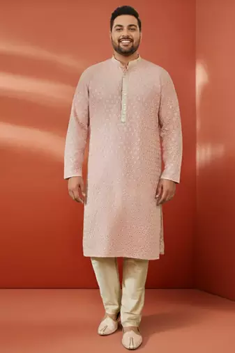 peach sequin embroidered kurta with cream pant - wedding set