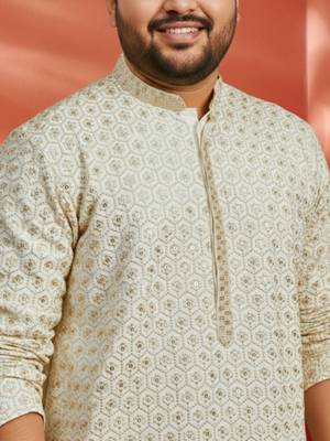 off white sequin embroidered kurta with cream pant - festive set 2