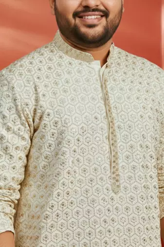 off white sequin embroidered kurta with cream pant - festive set