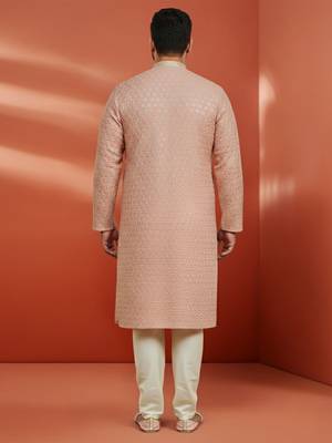 peach sequin embroidered kurta with cream pant - wedding set 4