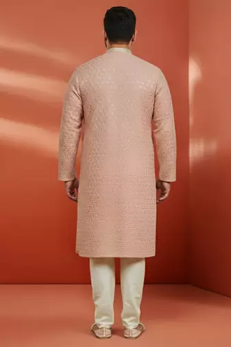 peach sequin embroidered kurta with cream pant - wedding set