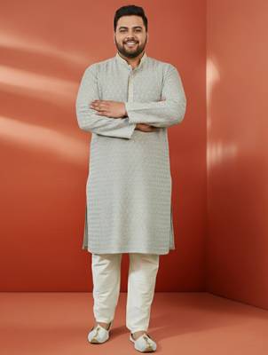 grey sequin kurta with cream trousers - embroidered festive set 1