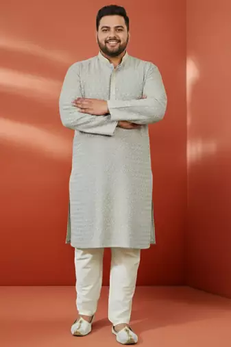 men's grey sequin kurta with cream trousers - embroidered festive set