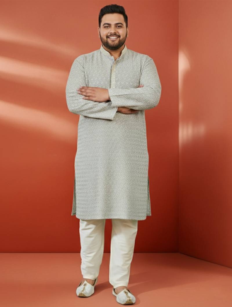 men's grey sequin kurta with cream trousers - embroidered festive set