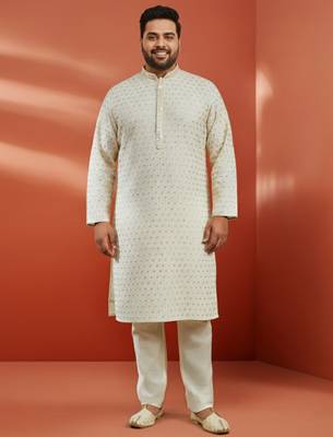 off white sequin embroidered kurta with cream pant - festive set 3