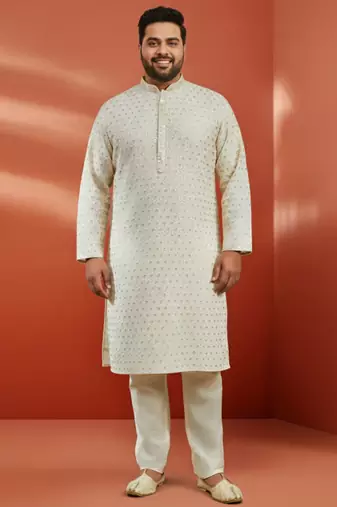 off white sequin embroidered kurta with cream pant - festive set