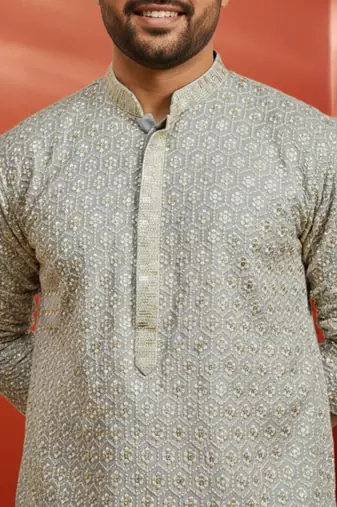 grey sequin kurta with cream trousers - embroidered festive set
