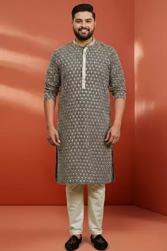 men's black sequin kurta with cream trousers - embroidered festive set