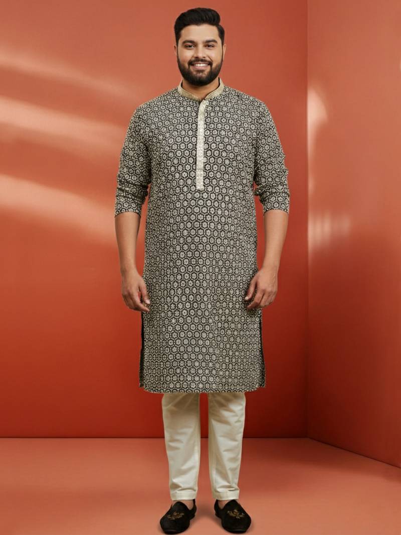 men's black sequin kurta with cream trousers - embroidered festive set