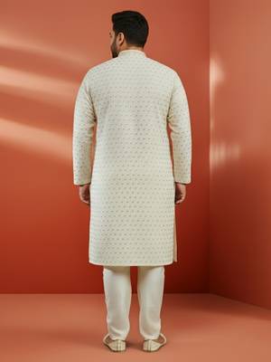 off white sequin embroidered kurta with cream pant - festive set 4