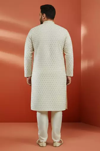 off white sequin embroidered kurta with cream pant - festive set