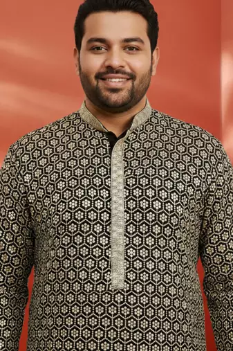 black sequin kurta with cream trousers - embroidered festive set