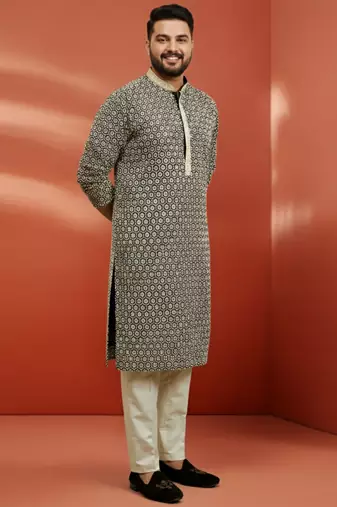 black sequin kurta with cream trousers - embroidered festive set