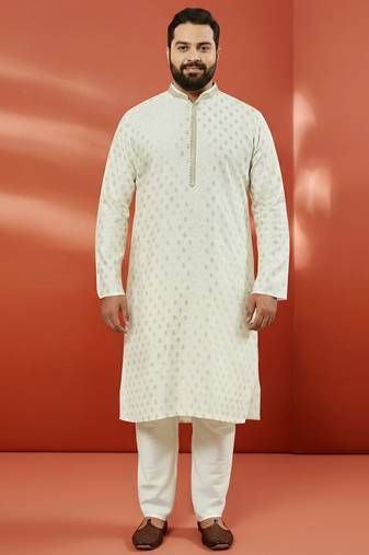 men's cream silk jacquard kurta with pyjama - premium wedding set