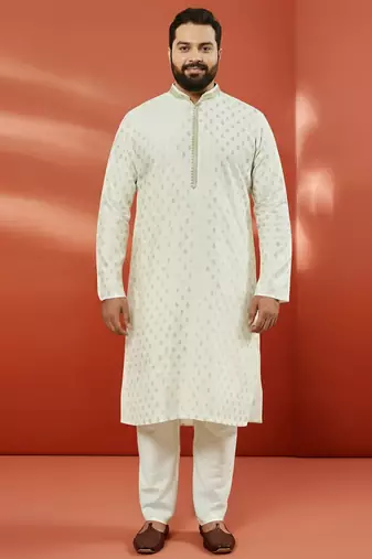 men's cream silk jacquard kurta with pyjama - premium wedding set