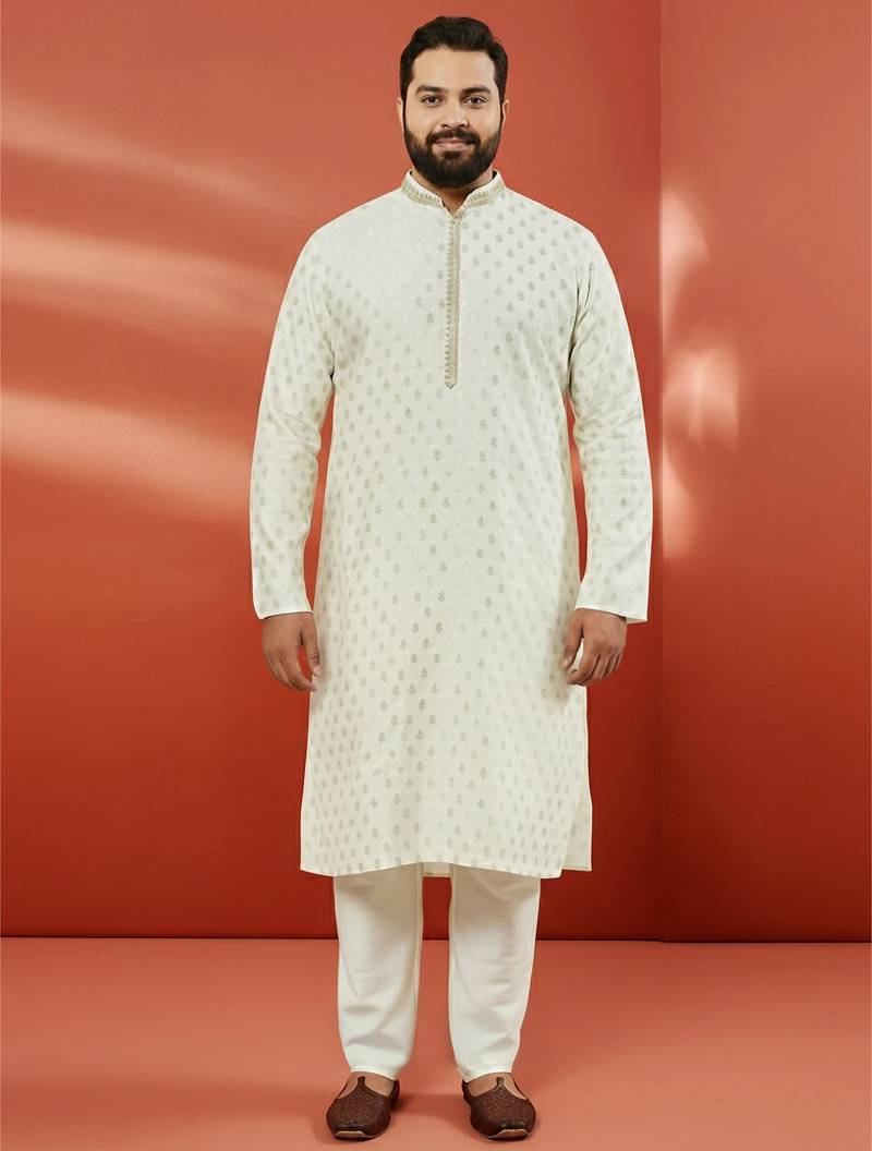 men's cream silk jacquard kurta with pyjama - premium wedding set